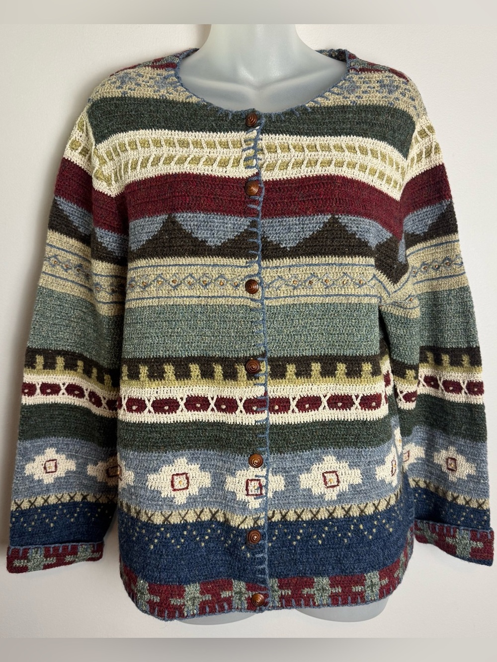 Vintage Hand Knit Wool Silk Linen Blend Intricate Beaded Robert Scott Cardigan